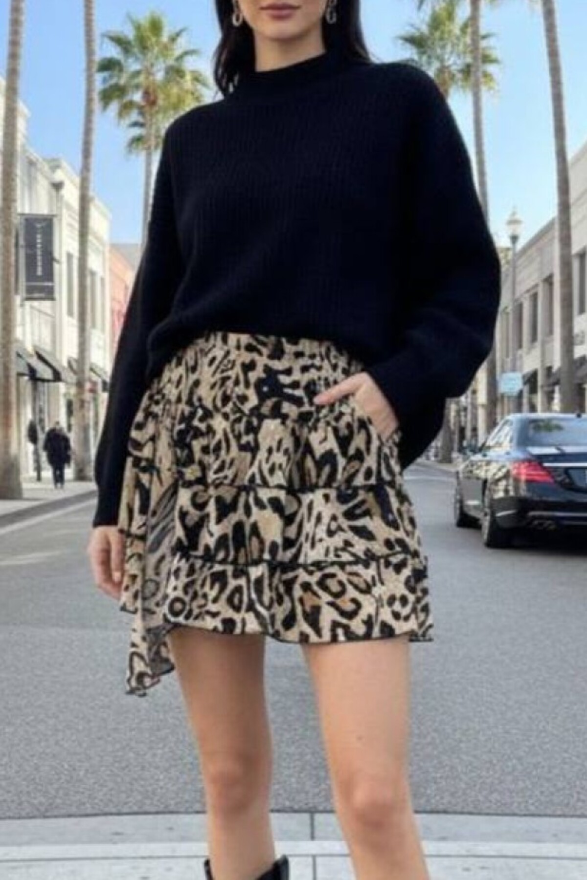Leopar Desen Katmanlı Şifon Şort Mini Etek