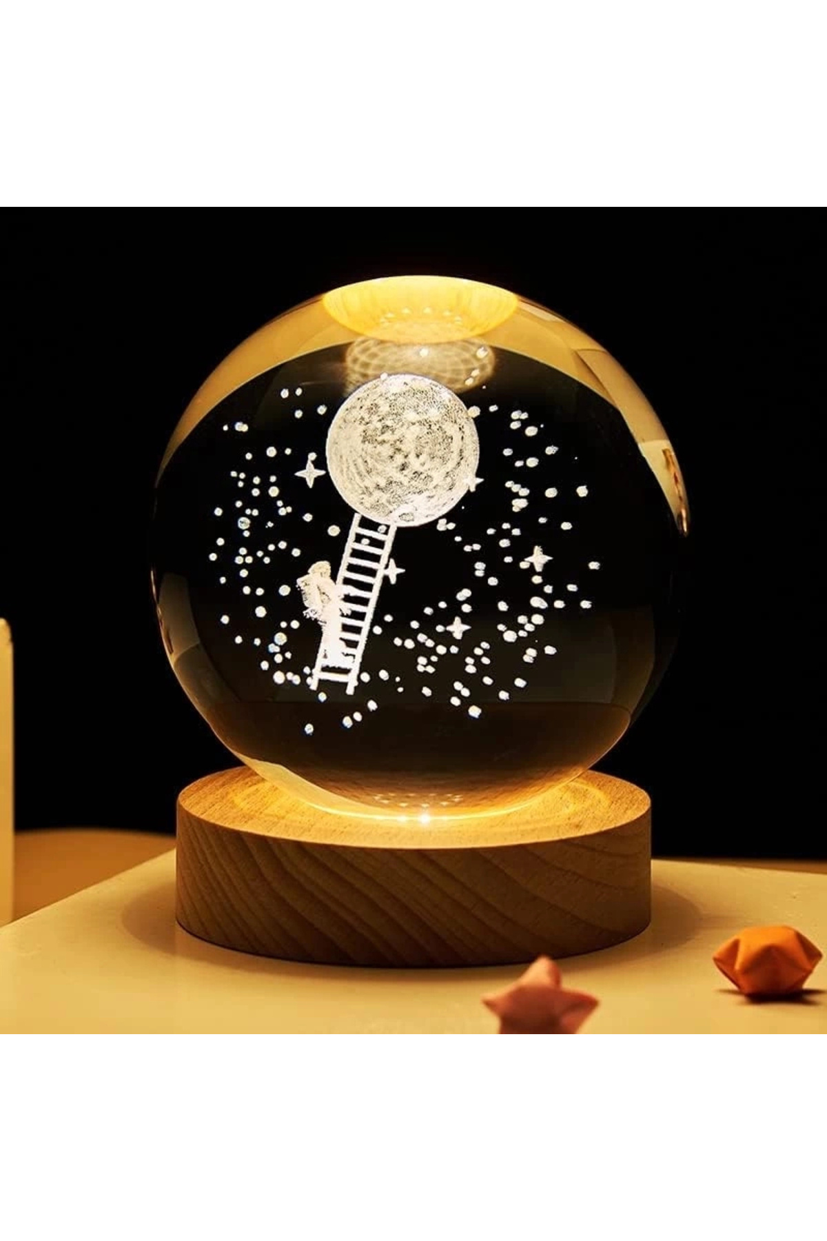 thebestnzm Dekoratif Merdiven Astronot Tasarımlı Ahşap Altlıklı Işıklı Cam Küre Büyük Boy Cam:8cm Ahşap:2cm