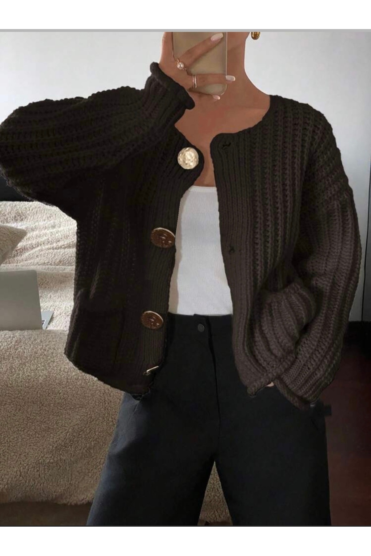 Elysira Дамски дебел плетен кардиган с 4 копчета