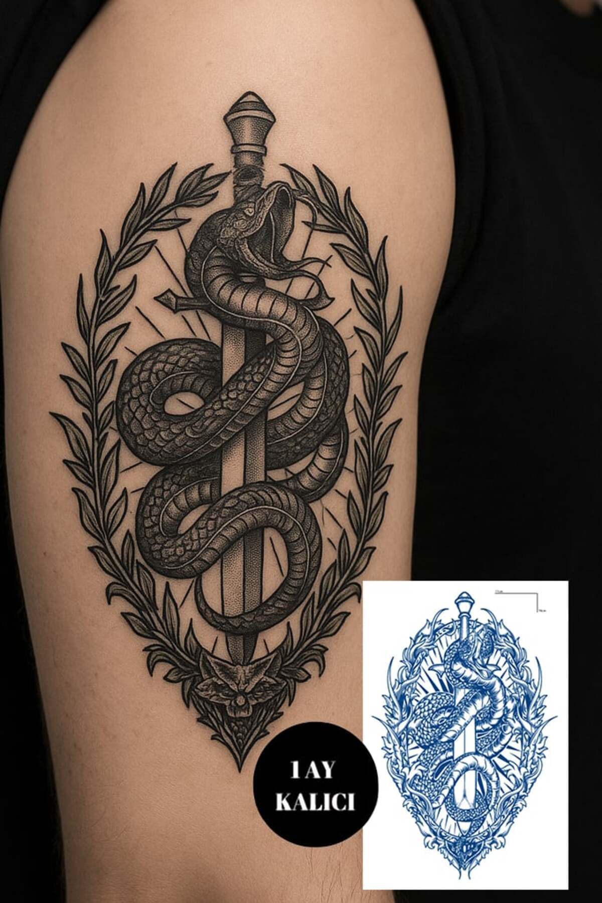 HEDİYEVİM Karışık Yılan ve Kılıç Figürlü 12 Saat Sonra Kararan Geçici Orta Dövme Tattoo