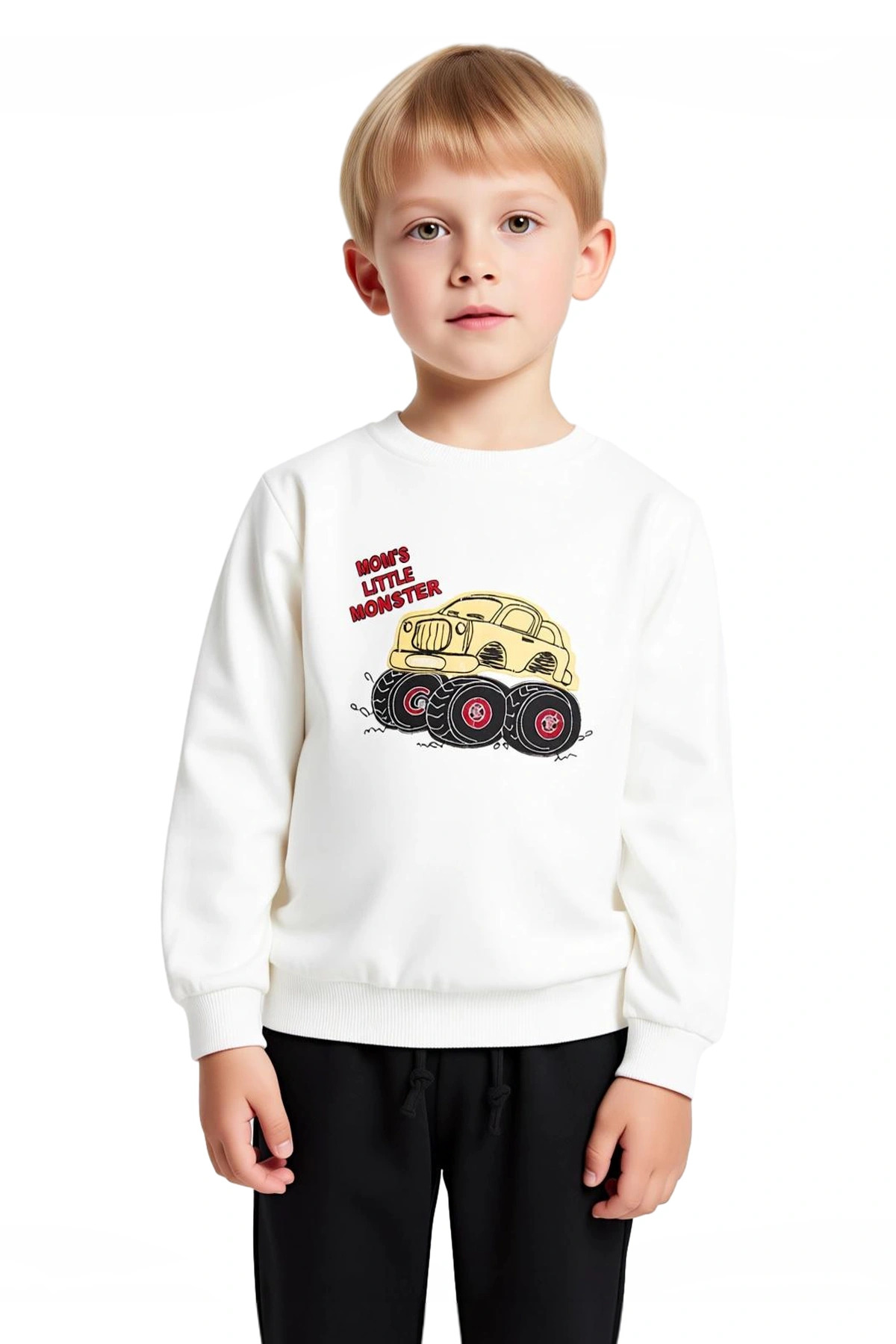 Erkek Çocuk Pamuklu Canavar Kamyonet Baskılı Bisiklet Yaka Sweatshirt ve Eşofman Altı Takımı