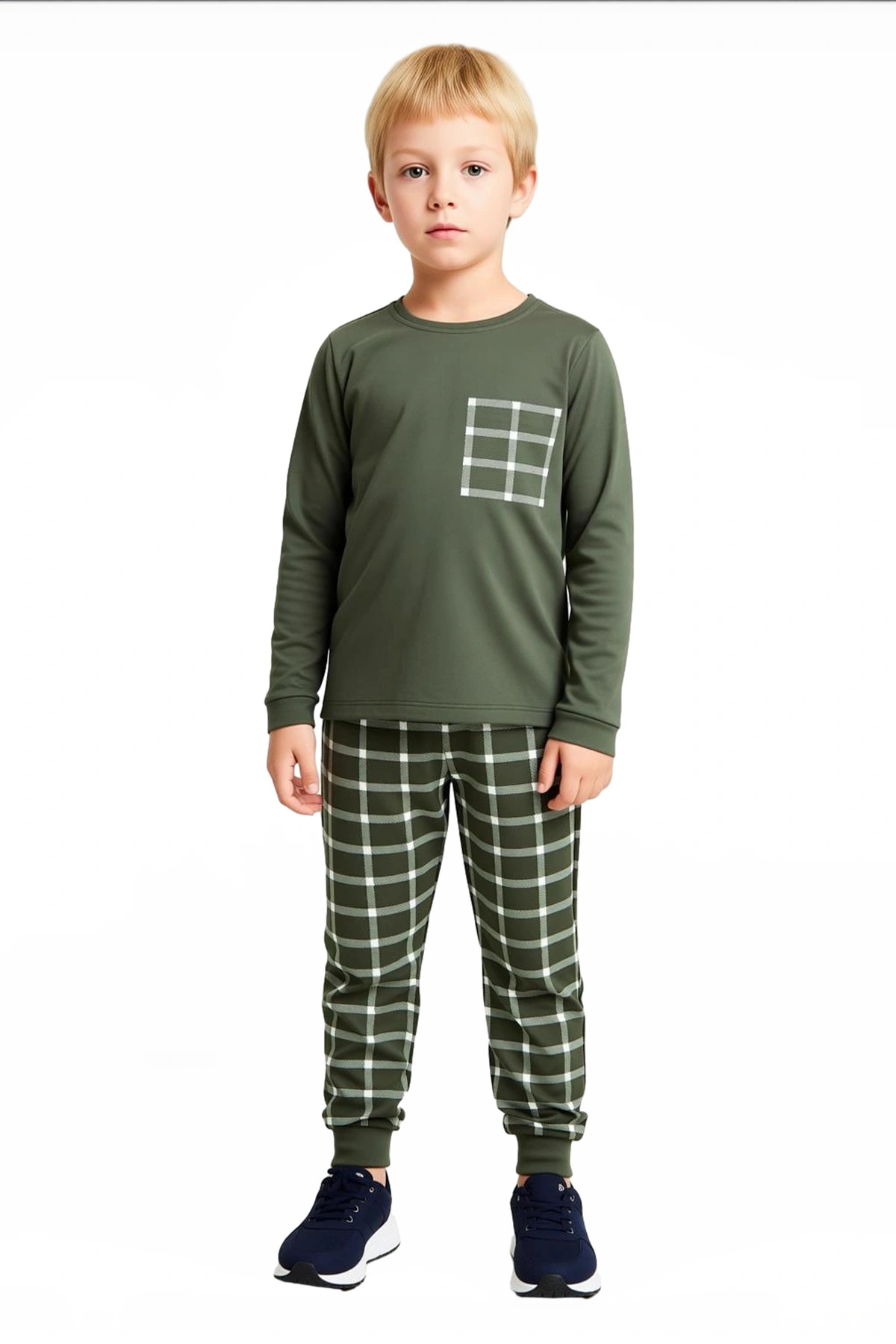 Erkek Çocuk Pamuklu Örme Ekose Desenli Uzun Kollu Pijama Takımı Kaliteli Şık Rahat