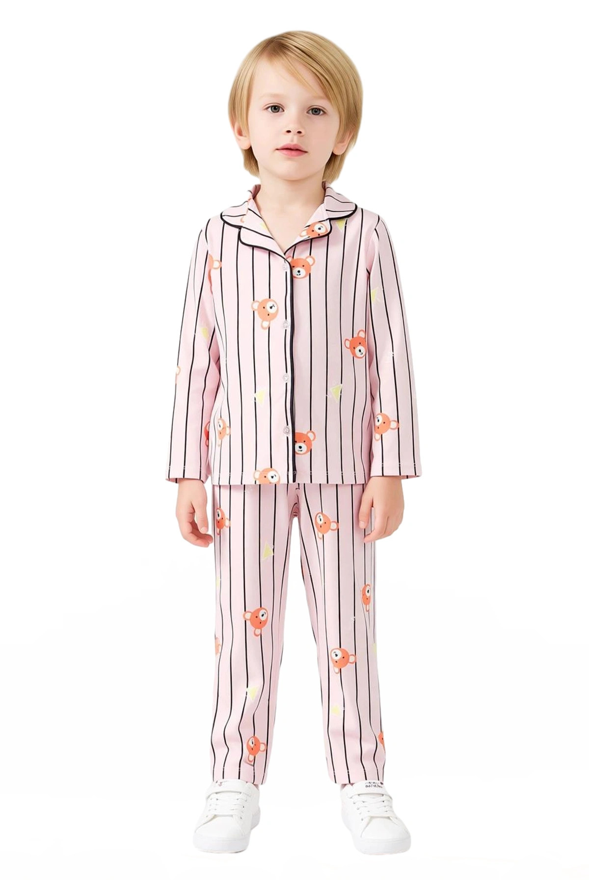 Çizgili Ayıcık Desenli Yumuşak Dokulu Erkek Çocuk Pijama Takımı Kaliteli Şık Rahat