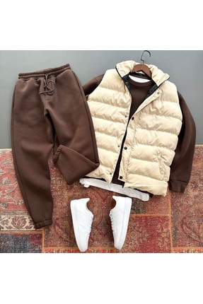 tiggir moda Şişme Yelek ve Oversize 3 İplik Bisiklet Yaka Kalın Polarlı Alt Ü...