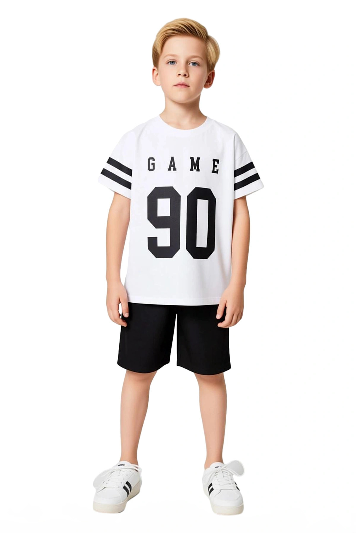 Erkek Çocuk Pamuklu Bisiklet Yaka Kısa Kollu Baskılı T shirt Ve Şort Takımı Kaliteli Şık Rahat