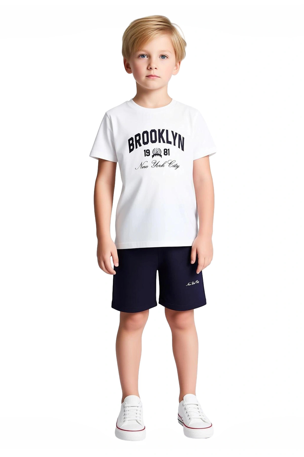 Erkek Çocuk Brooklyn Baskılı Pamuklu T Shirt ve Şort Takımı Kaliteli Şık Rahat