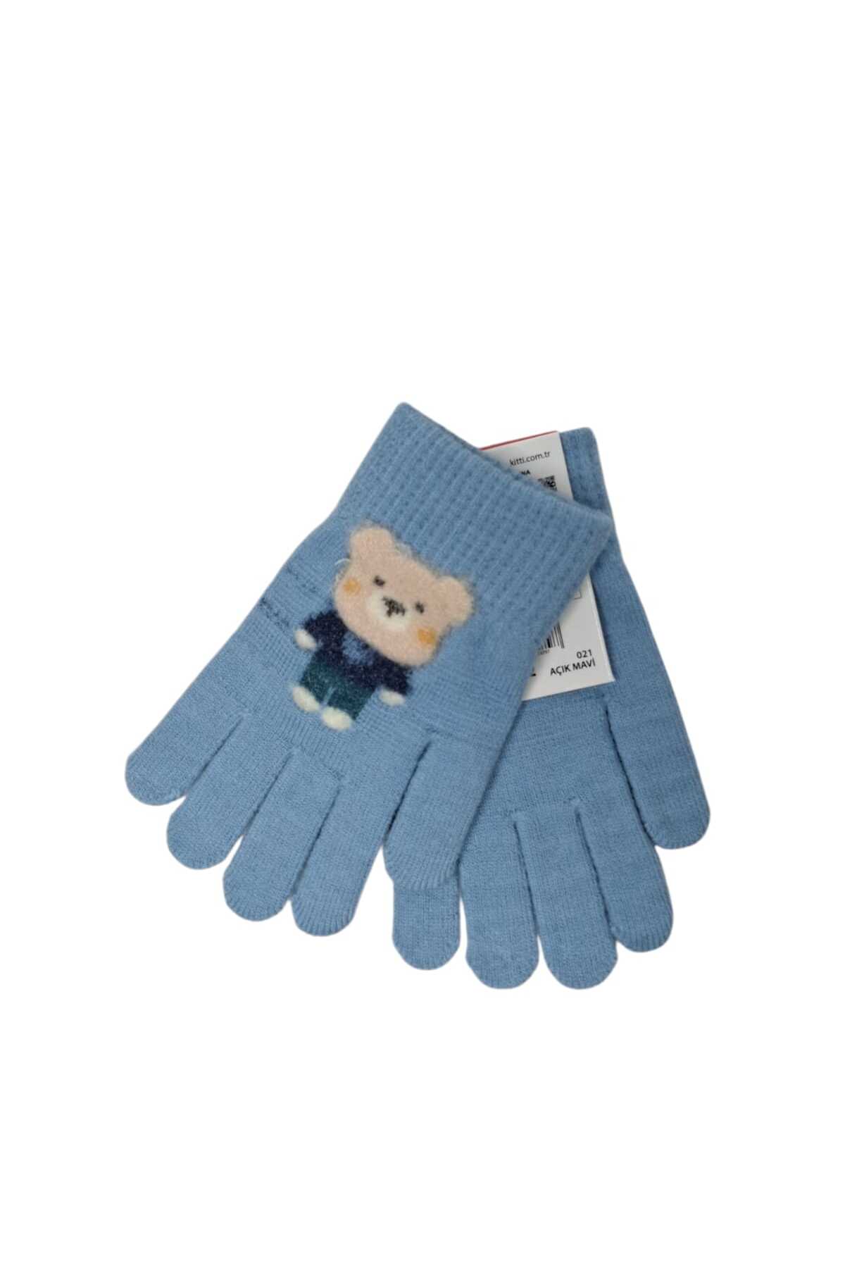 Kitti Spteks 4-8 Yaş Erkek Çocuk Açık Mavi Renk Ayıcık Figürlü Kışlık Örme Eldiven fotoğrafı 5 (önizleme)