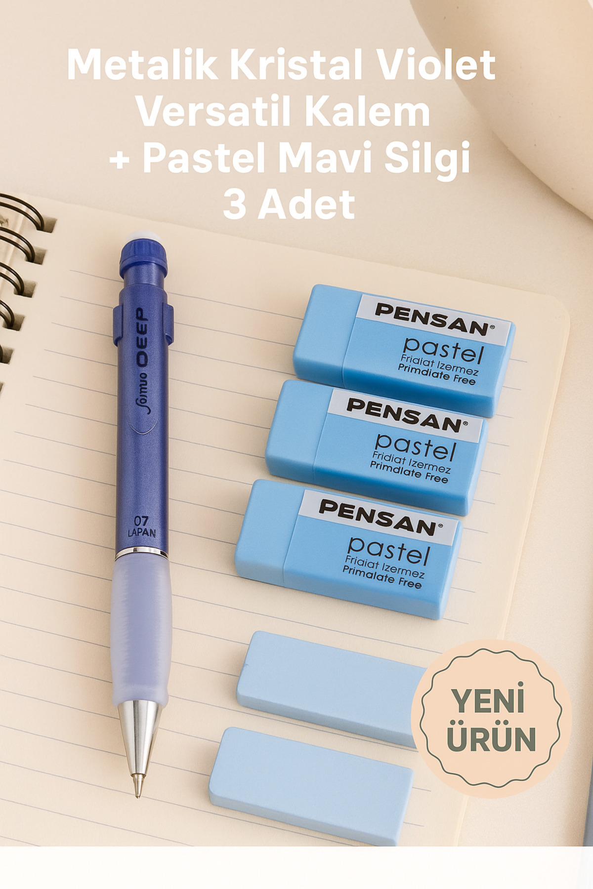 KarmaOfis Pati Violet Versatil Kalem + Pastel Mor Silgi 3 Adet