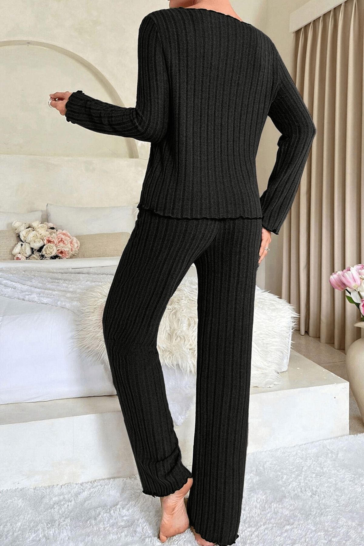 Avastyle Kadın Siyah Uzun Kollu Fiyonklu Yuvarlak Yaka Mevsimlik Pijama Takımı Ava fotoğrafı 4 (önizleme)