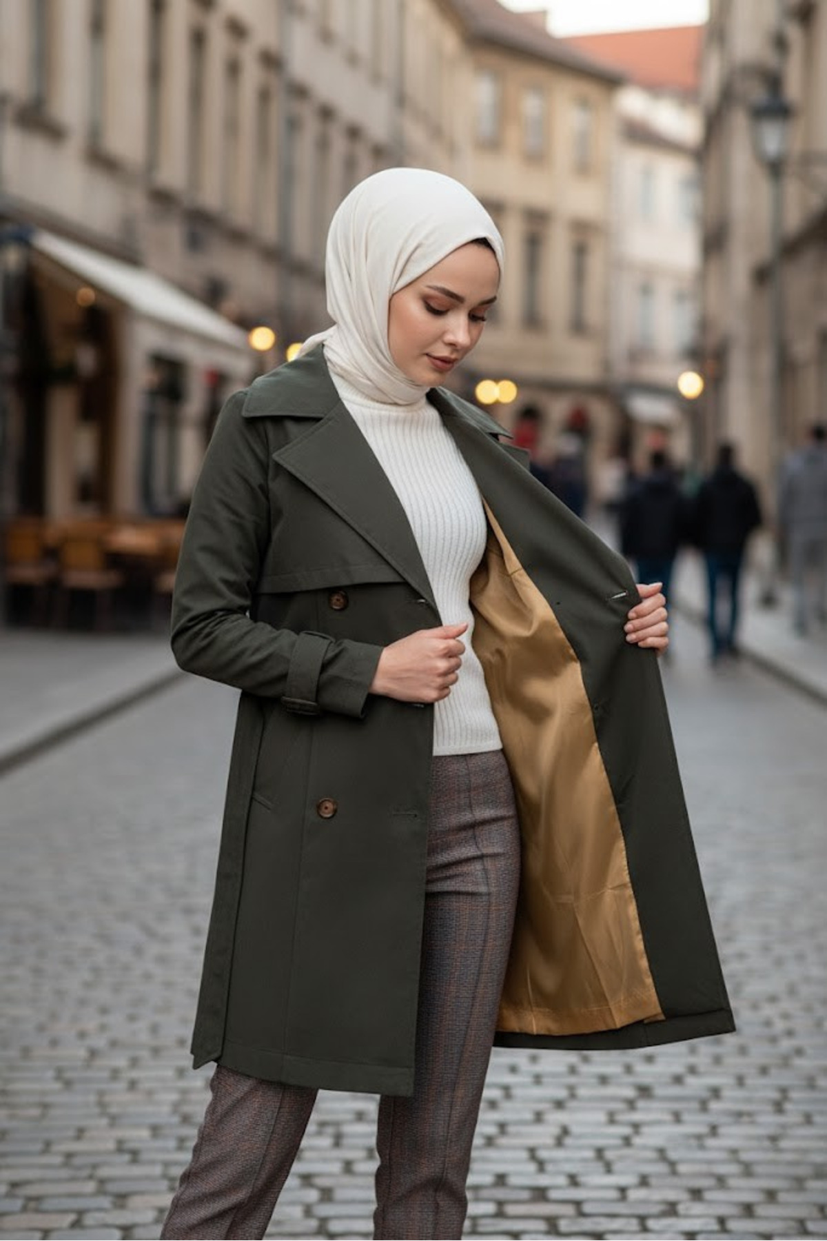 Zeneva Collection Haki %100 Pamuk Gabardin Midi (95 cm) Astarlı Kemerli Kadın Tesettür Trençkot