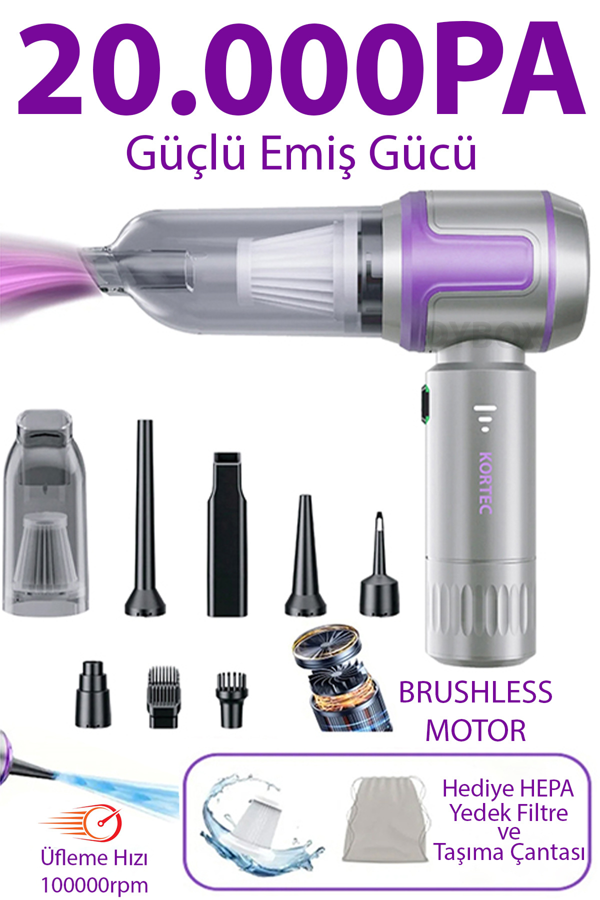 Dybox 20000pa Kortec Güçlü Portatif Vakumlu Kablosuz Üflemeli Mini Araç Süpürgesi - Mor