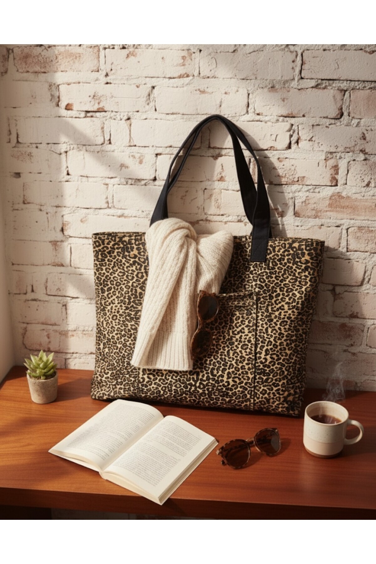 in steilla  Bez çanta Leopar Desenli Kanvas Kumaş Omuz Bez Çanta .. - Görsel 2