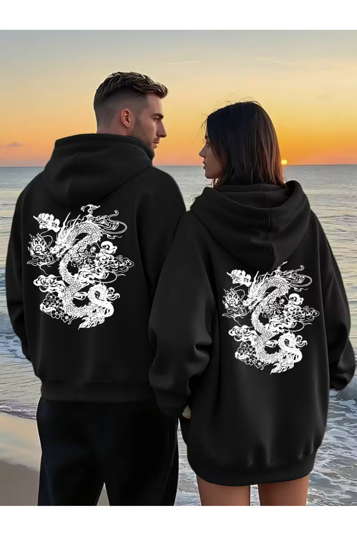 Sevgili Kombini Ejderha Sırt Desenli Kapşonlu Sweatshirt – Oversize 3 İplik Unisex Hoodie