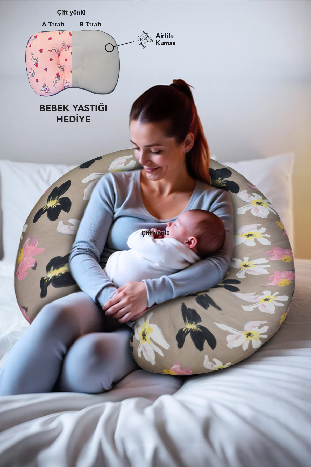 PUFYMAX Hamile yastığı,sarılma yastığı aktivite yastığı pamuk kumaş (Çiçekli) fotoğrafı 2 (önizleme)