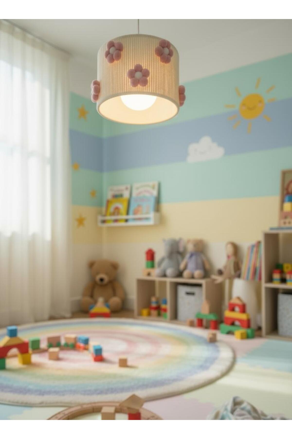 C&A Makrome Ekru Ip Sargılı Ponpon Çiçekli Genç Odası Bebek Çocuk Odası Tasarım Sarkıt Avize fotoğrafı 2 (önizleme)