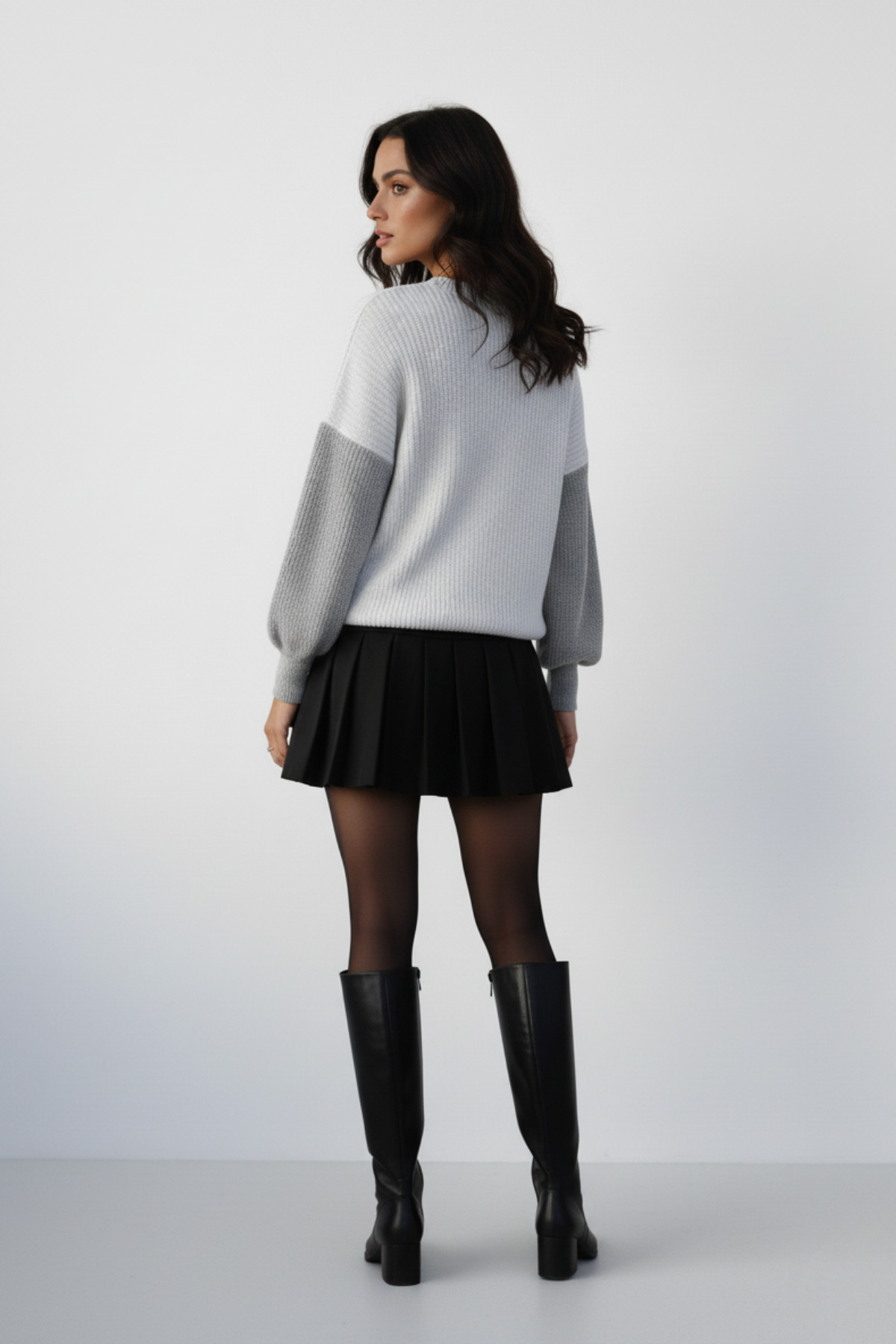 KOZİA OUTDOORS  Kadın İki Renkli Triko Kazak Oversize Balon Kol Model - Görsel 4