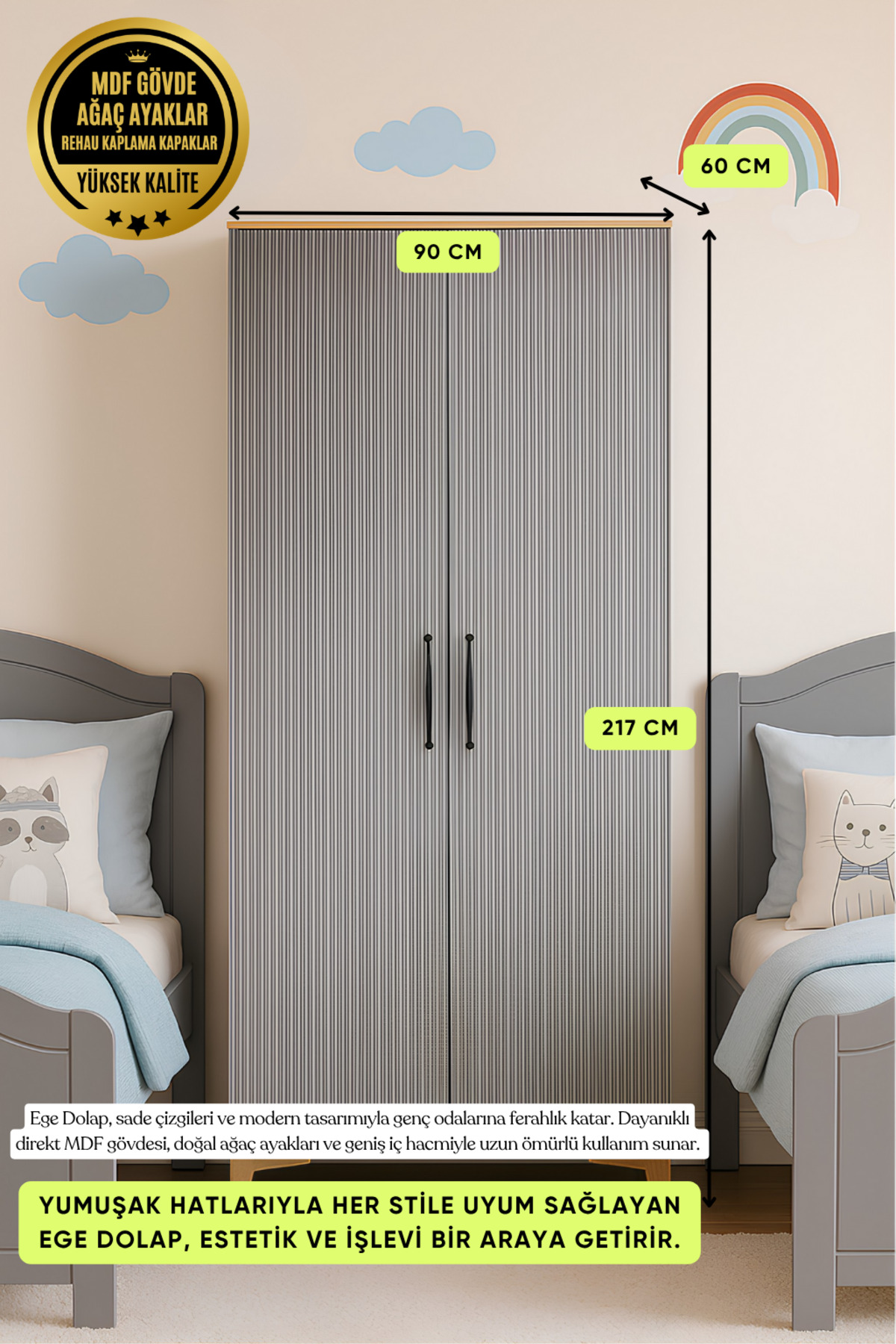 arionkids Ege 2 Kapaklı MDF Dolap | REHAU Kaplama Kapaklar | Ağaç Ayaklar | Üstün Kalite fotoğrafı 2 (önizleme)