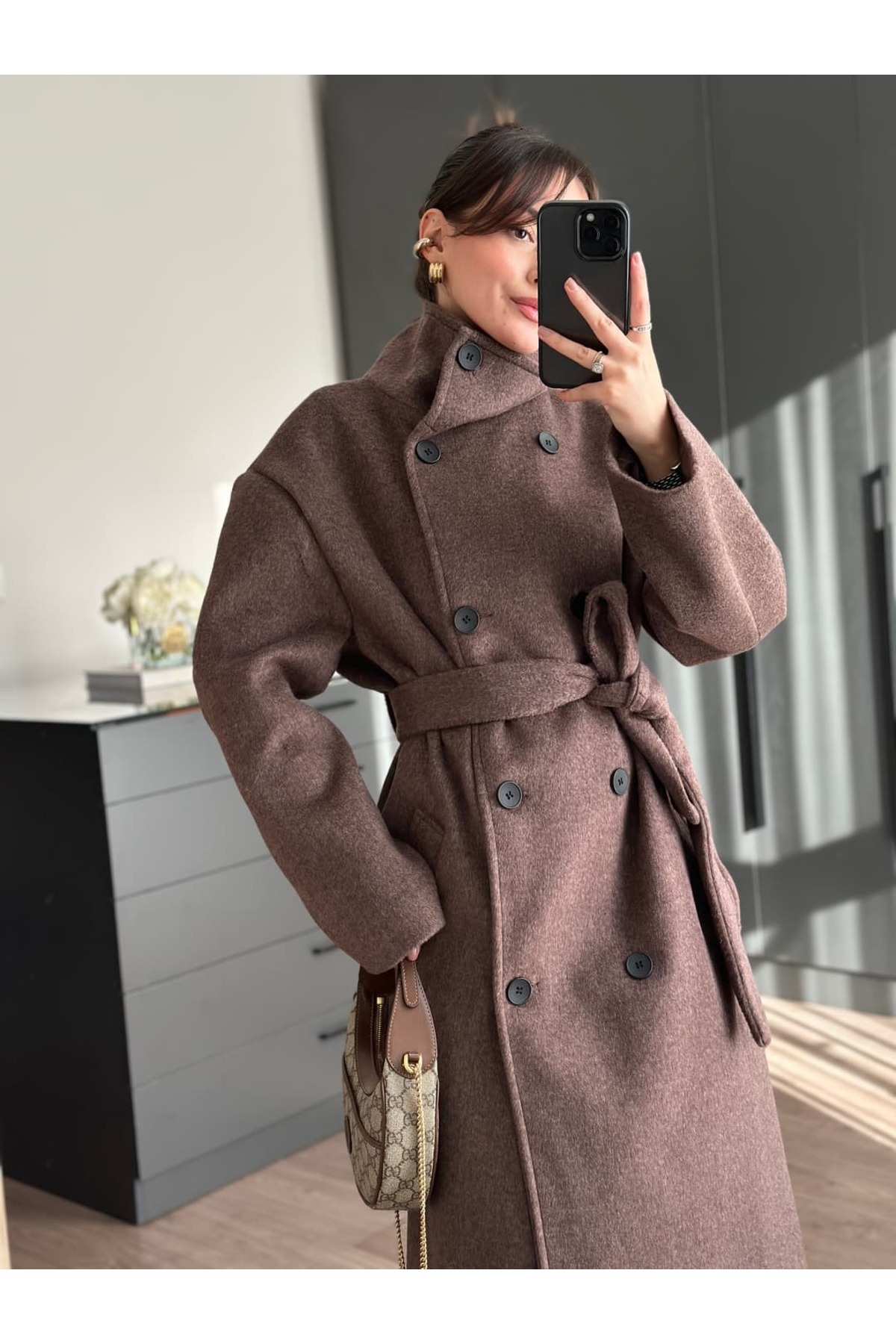 Tugen Co  DİK YAKA KUŞAKLI UZUN YÜN KAHVE PALTO - Görsel 3