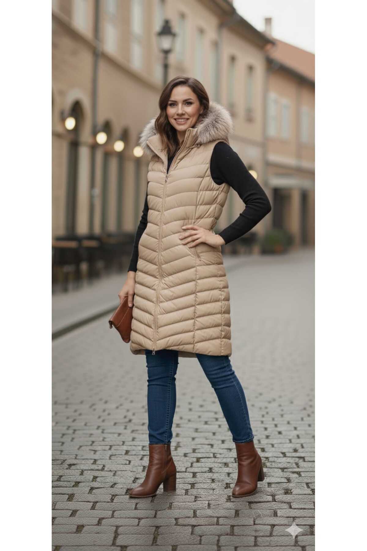 FUNDA Fashion V Dilimli Şişme Yelek Krem