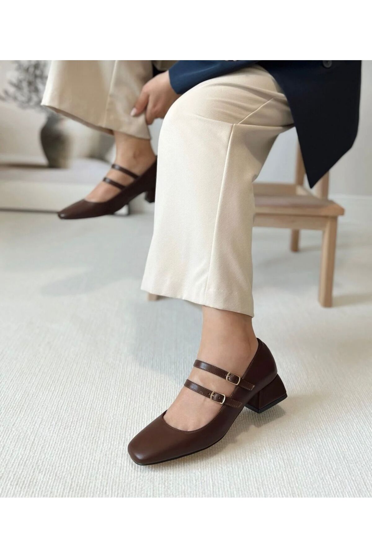 CLOVER SHOES  199 K. ÇİFT BARETLİ KISA TOPUKLU KARE BURUNLU KADIN AYAKKABI KAHVE - Görsel 4