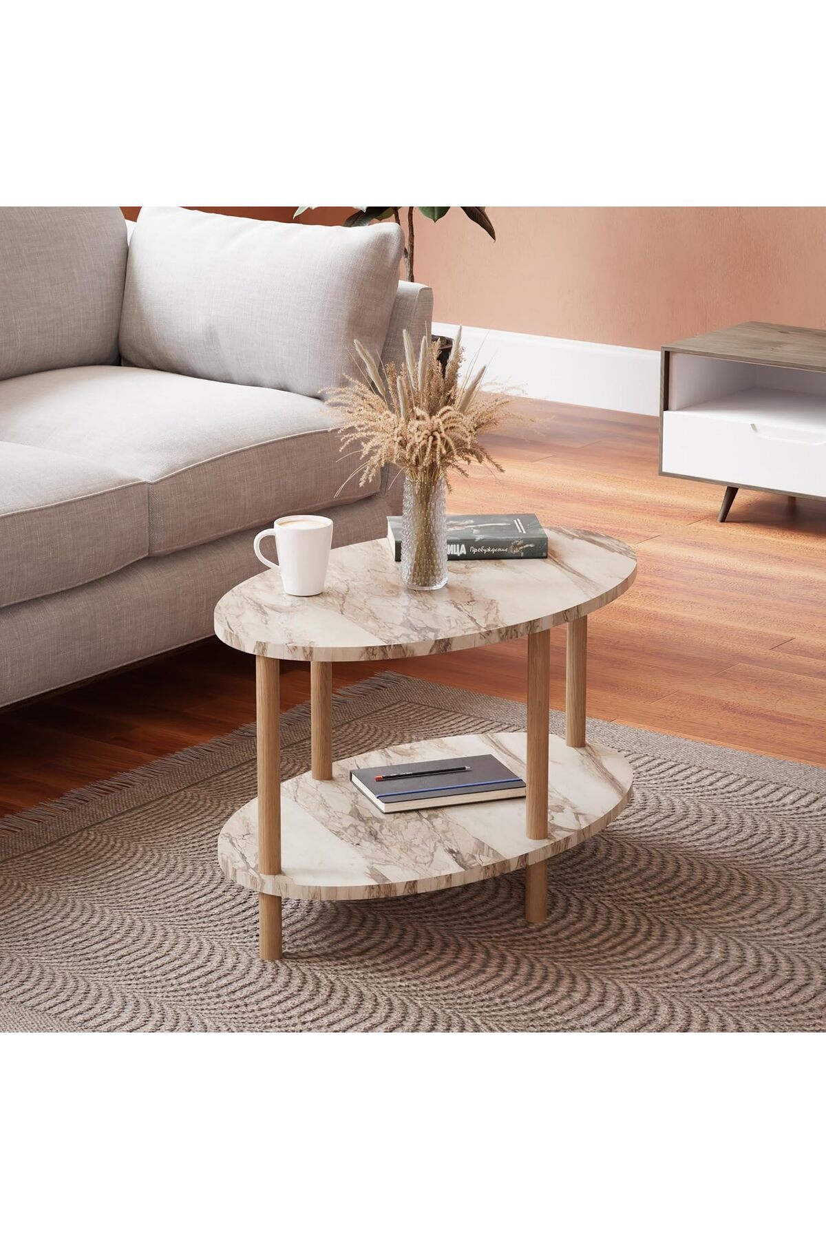 Delixa interGO-Orta Sehpa Oval Ahşap Ayaklı İki Katlı Gazetelikli (Beyaz Mermer)