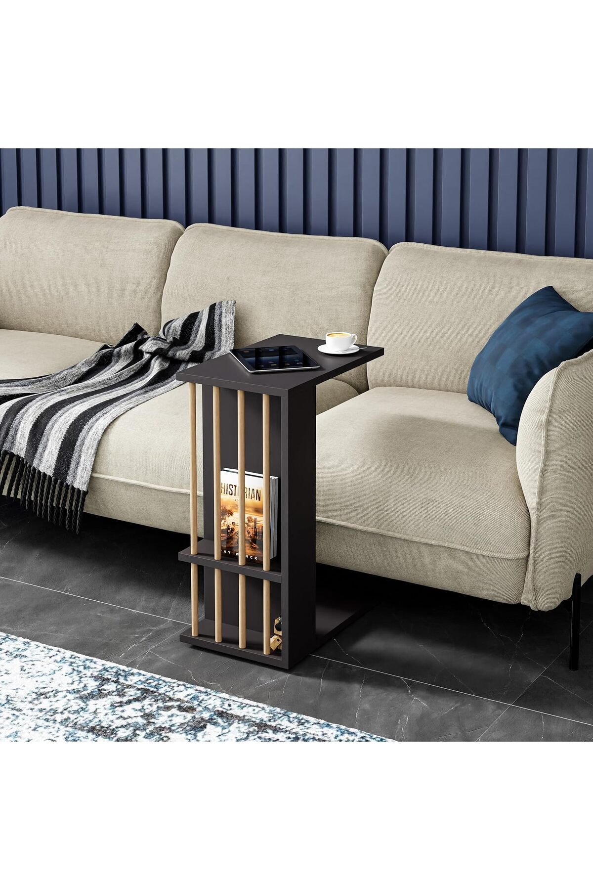 Delixa interGO-Tekerlekli Yan Sehpa Koltuk Sehpası C Sehpa Zigon Sehpa Servis Sehpası (Antrasit Gri)