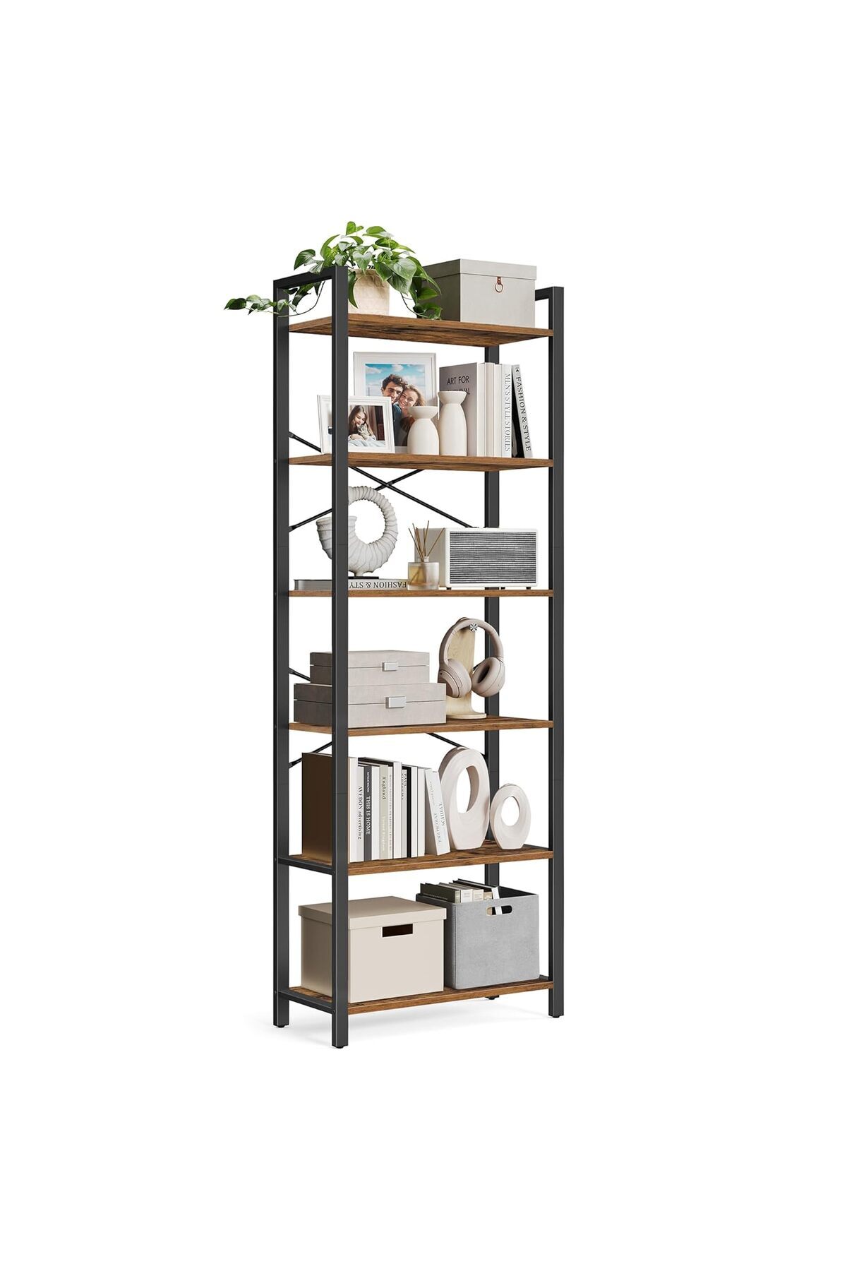 Delixa VASAGLE Kitaplık, 6 Katlı Raf, çelik çerçeveli yüksek rustik Raf, Oturma Odası, ofis, çalışma Odası,