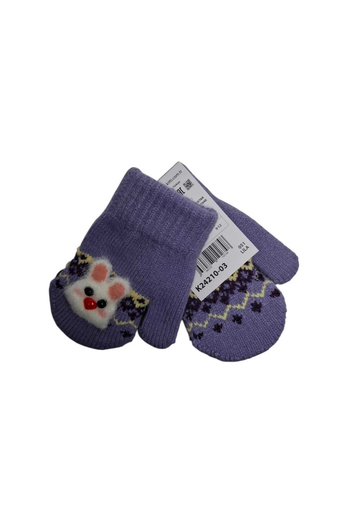 Kitti Spteks 1-3 Yaş Kız Bebe Lila Renk Hayvan Figürlü Kışlık Örme Eldiven fotoğrafı 2 (önizleme)