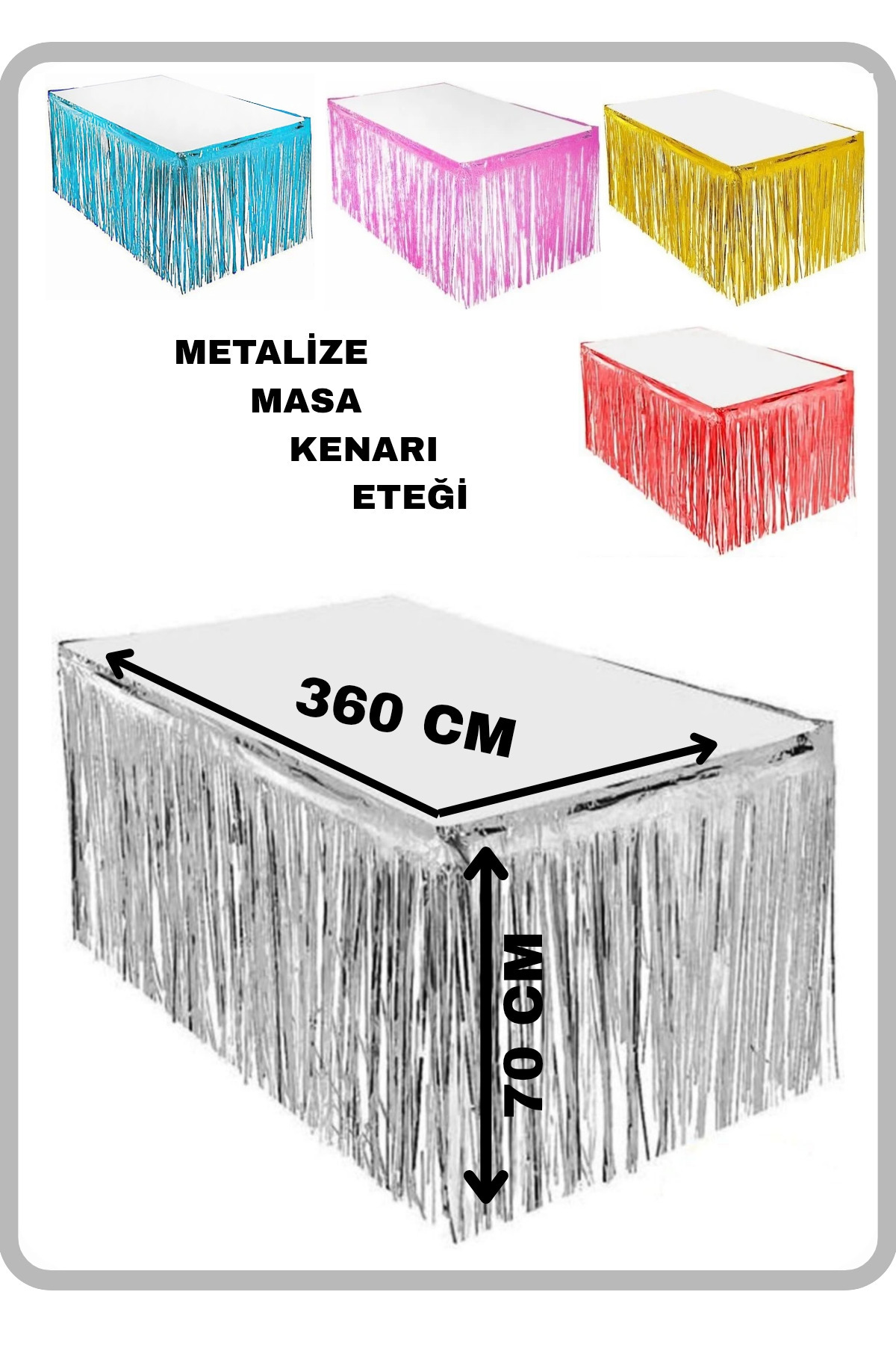 FESTİLO Masa Kenarı Eteği Metalize Gümüş Parlak Püsküllü 360 cm Uzunluk 70 cm Yükseklik
