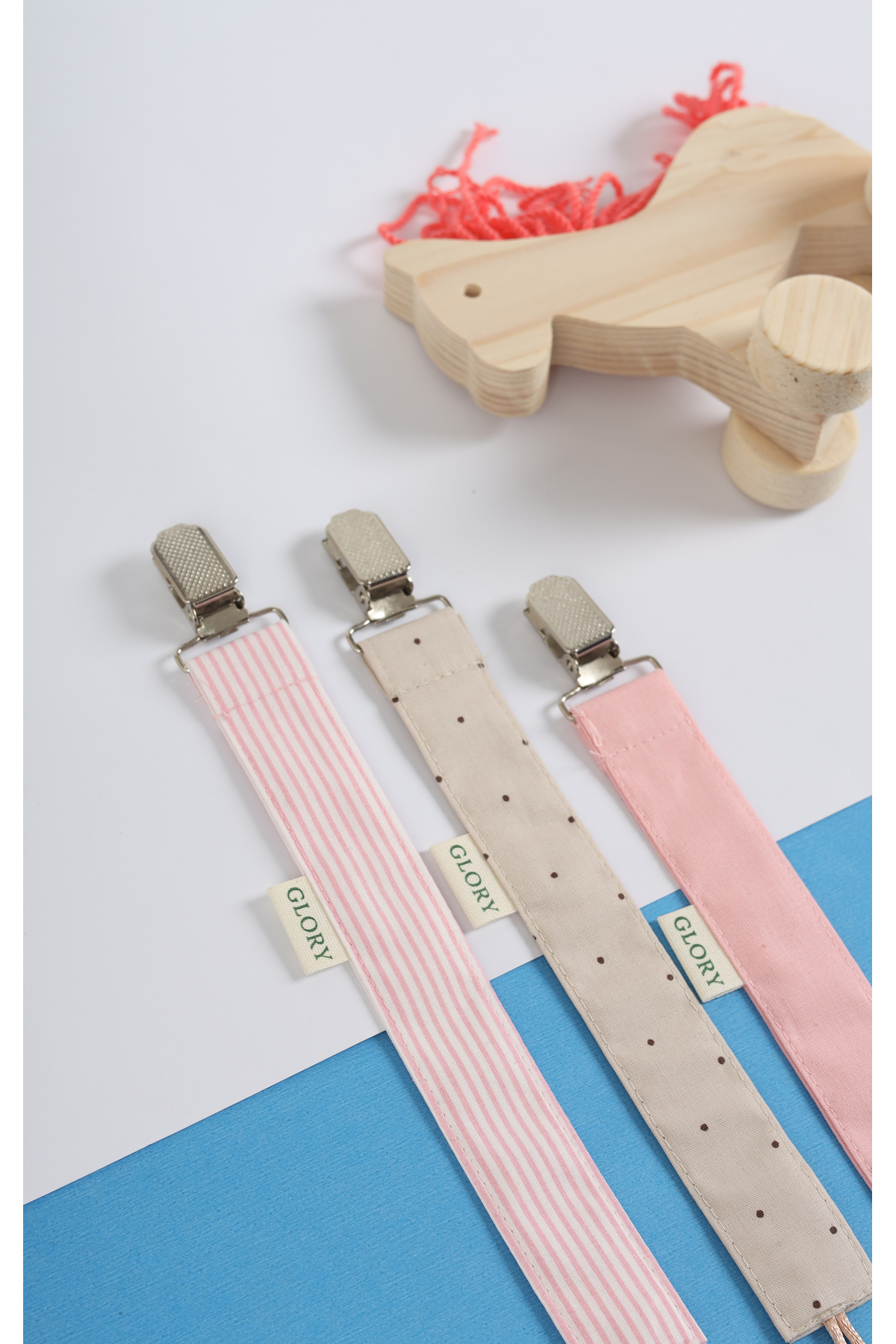 GLORY BABY Emzik Askısı - Emzik Zinciri - Emzik Tutacağı - 3'lü Set - Pembe Çizgili, Kahve Nokta fotoğrafı 2 (önizleme)