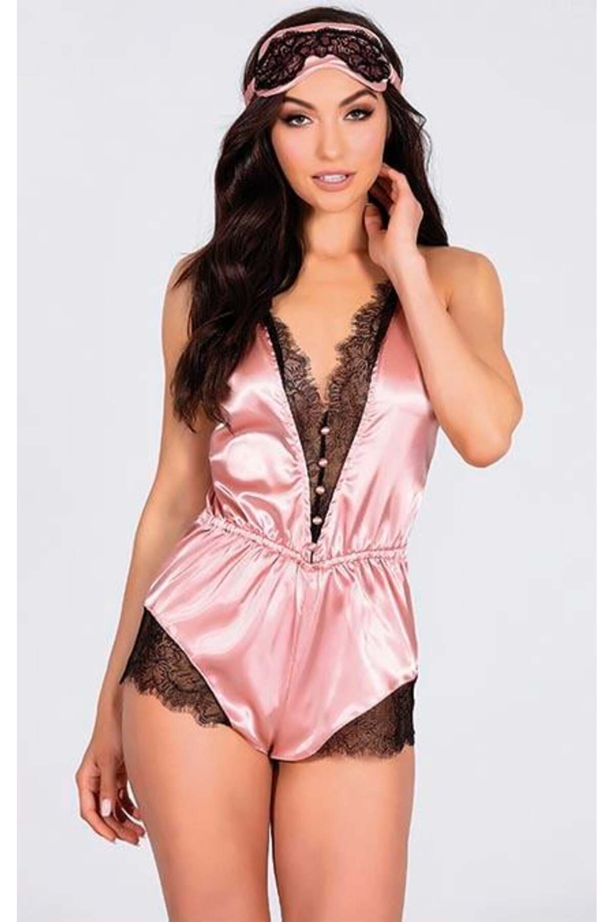 melonika Pembe Dantelli Sırtı Çapraz Saten Şort Tulum