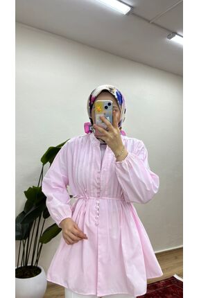 MOONSC Kadın Nervürlü Keten Tesettür Gömlek - Pembe