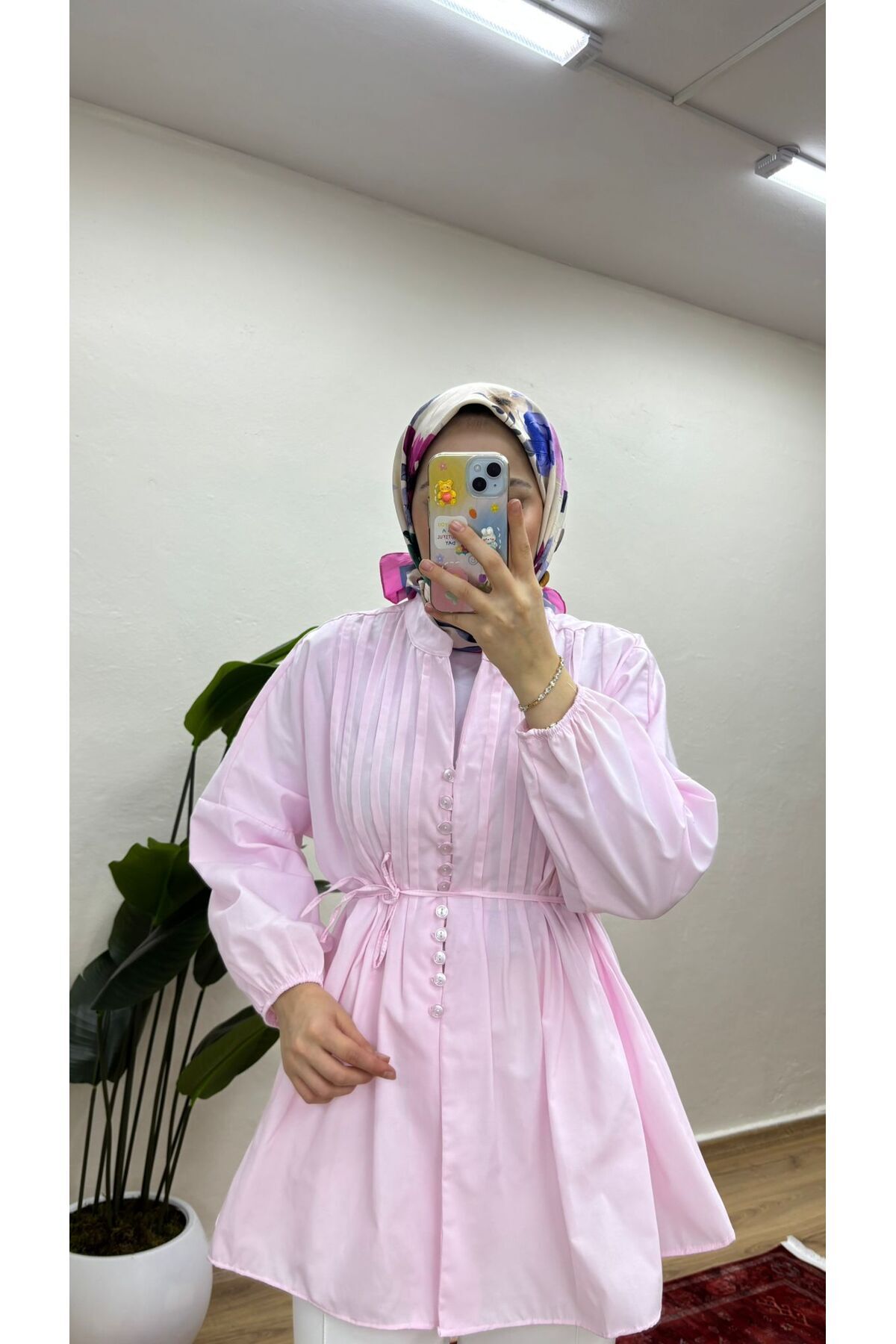 MOONSC Kadın Nervürlü Keten Tesettür Gömlek - Pembe