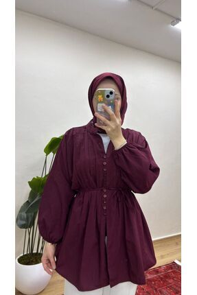 MOONSC Kadın Nervürlü Keten Tesettür Gömlek - Bordo