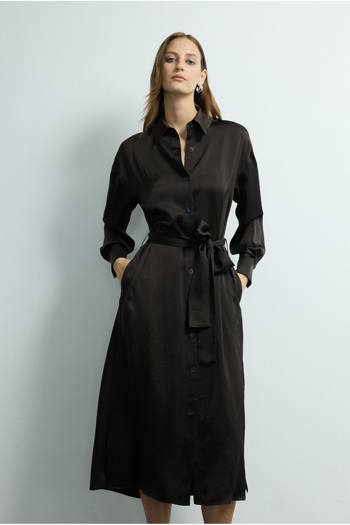 Love My Body  Moda Tutkusu Bağlama Detaylı Gömlek Elbise - Görsel 3