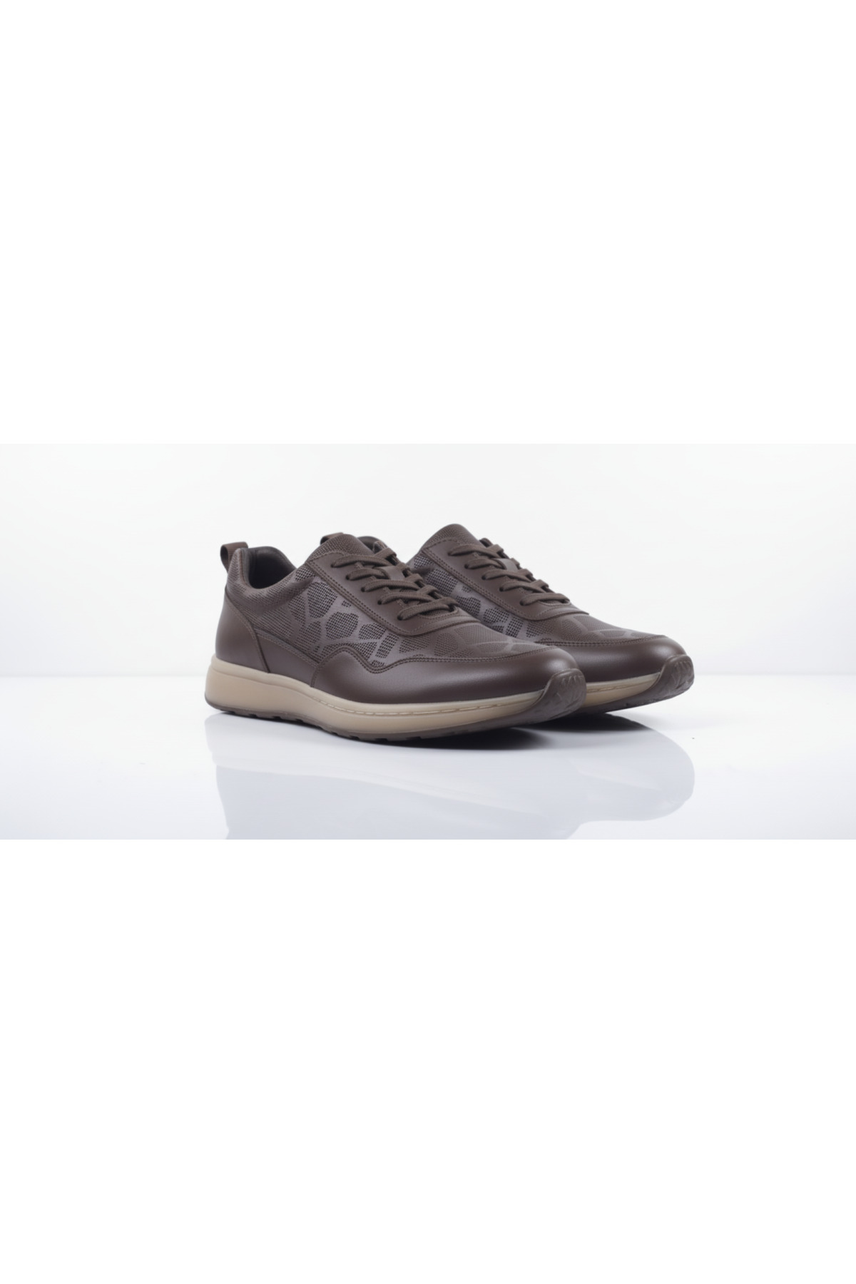 Growish GR0444 Hakiki Deri Bej Renk EVA Taban Geometrik Desenli Sneaker Yürüyüş Ayakkabısı — قهوه‌ای