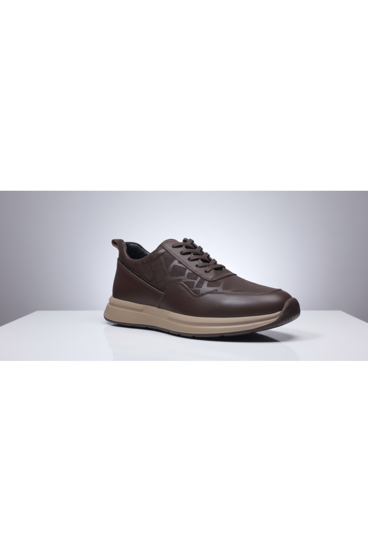 GR0444 Hakiki Deri Bej Renk EVA Taban Geometrik Desenli Sneaker Yürüyüş Ayakkabısı — قهوه‌ای — تصویر 8 از 8
