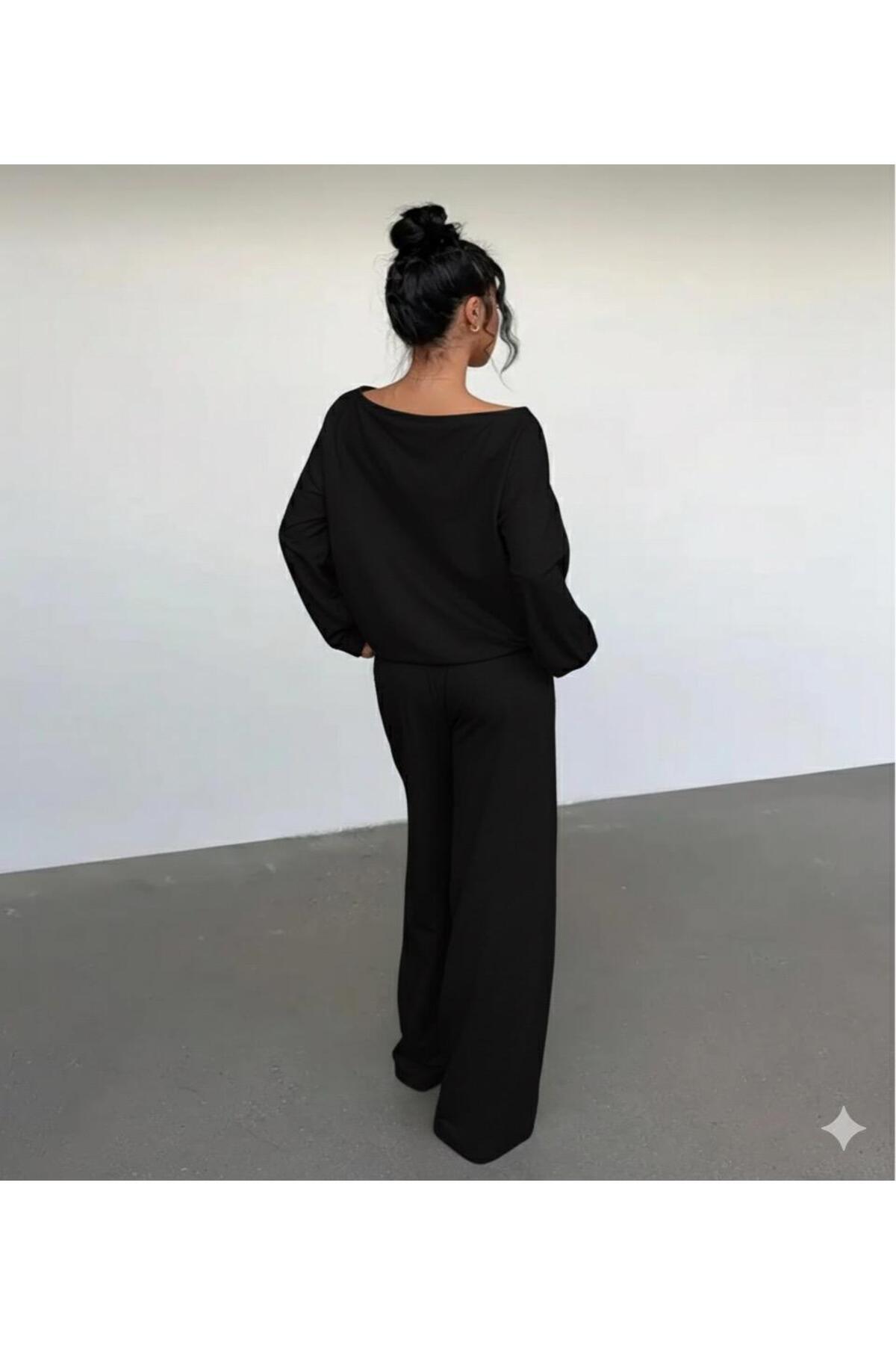 LOUİSA Дамска черна блуза с ребриста яка и принт 23 - ЧЕРЕН Комплект удобен спортен екип с широка кройка