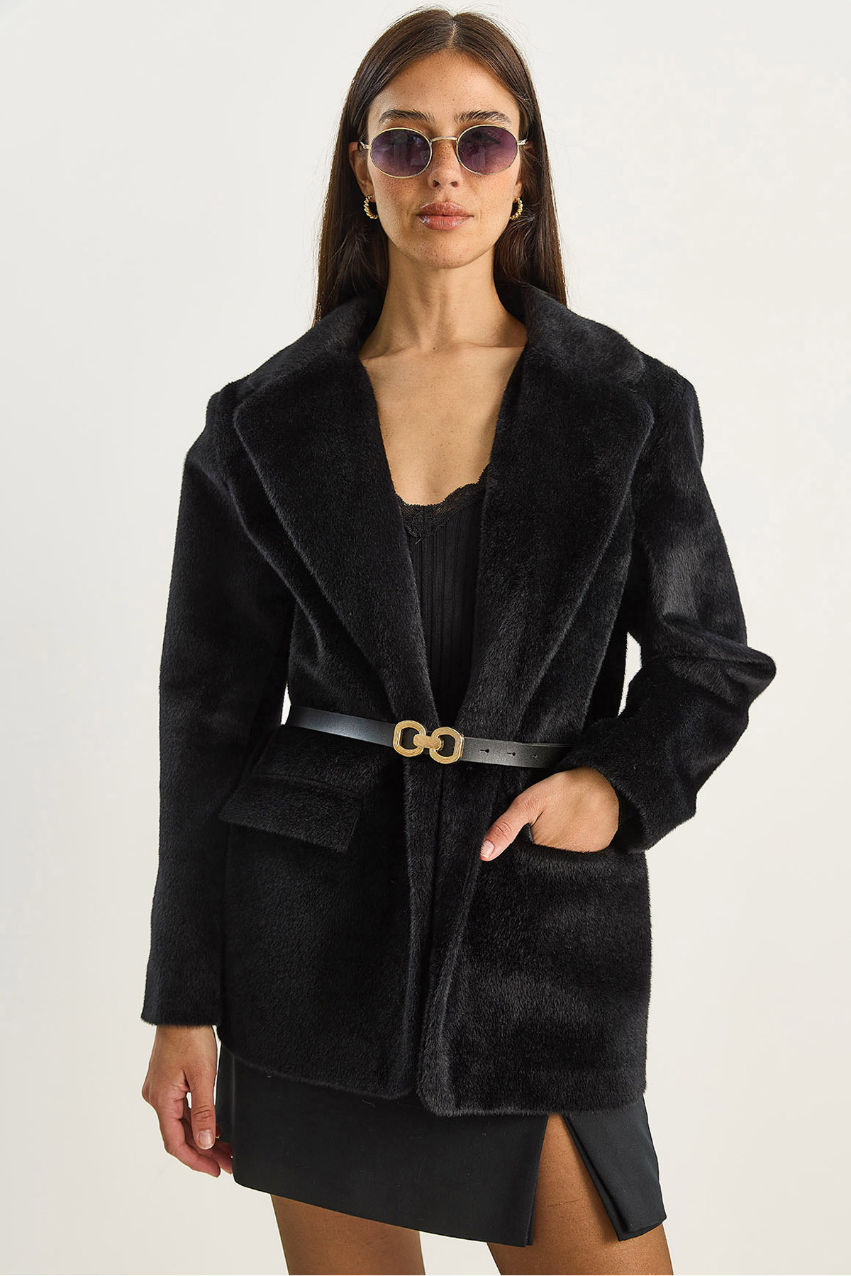 Bianco Lucci Kadın Cep Detaylı Astarlı Kemerli Peluş Dokulu Blazer Ceket 2761 60281110