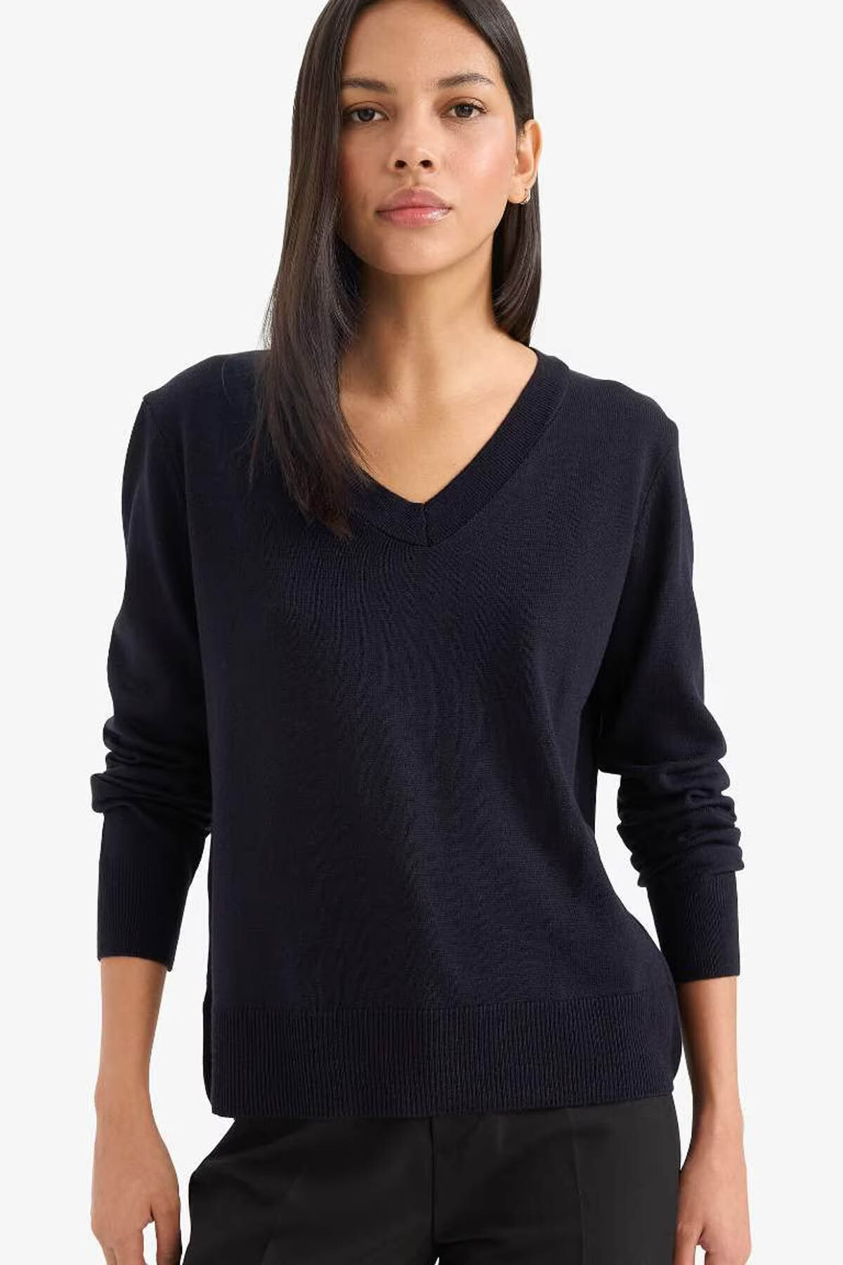 Defacto  Relax Fit V Yaka Triko Lacivert Kadın Kazak C4024AX/NV146 - Görsel 2