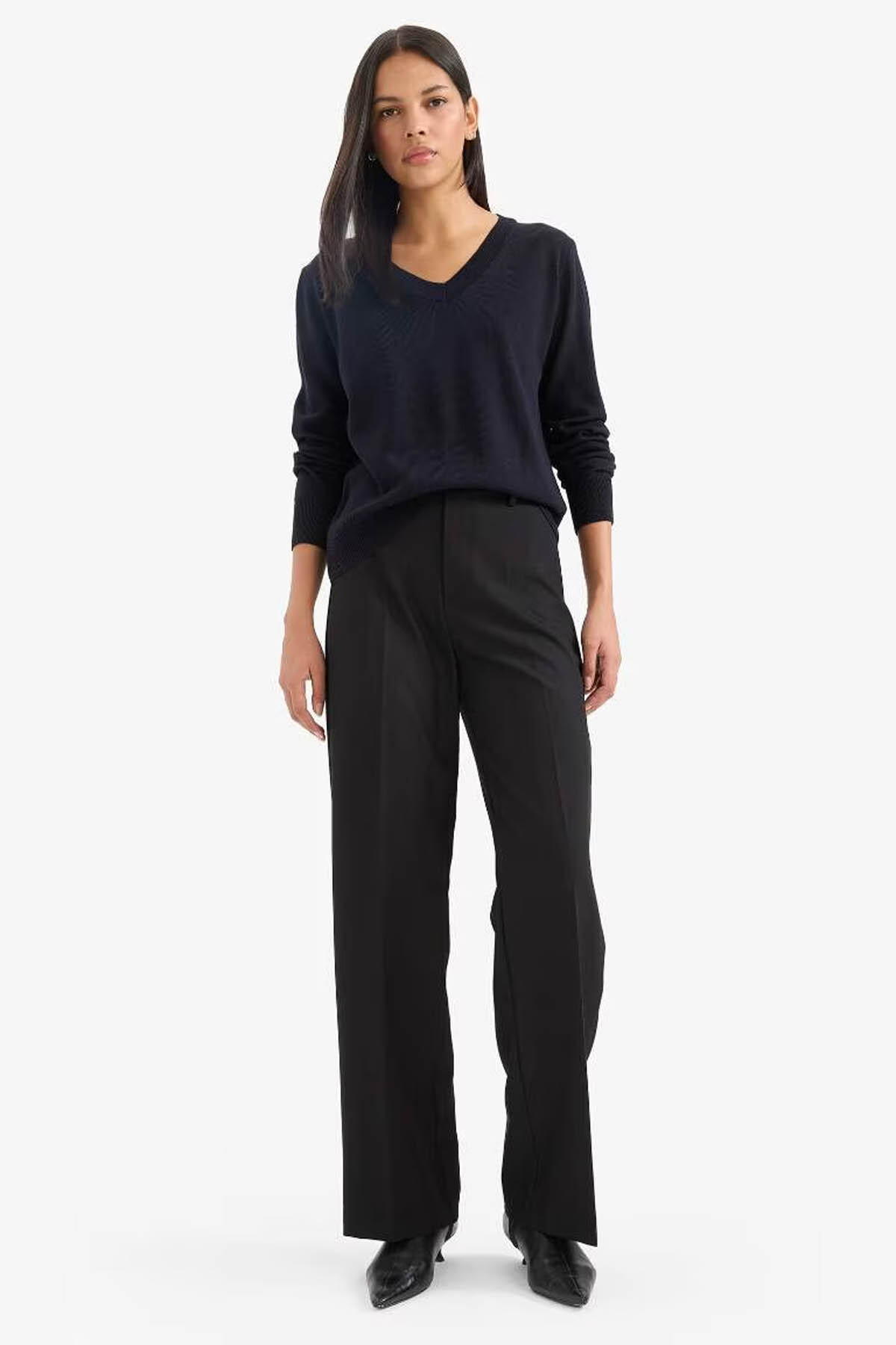 Defacto  Relax Fit V Yaka Triko Lacivert Kadın Kazak C4024AX/NV146 - Görsel 3