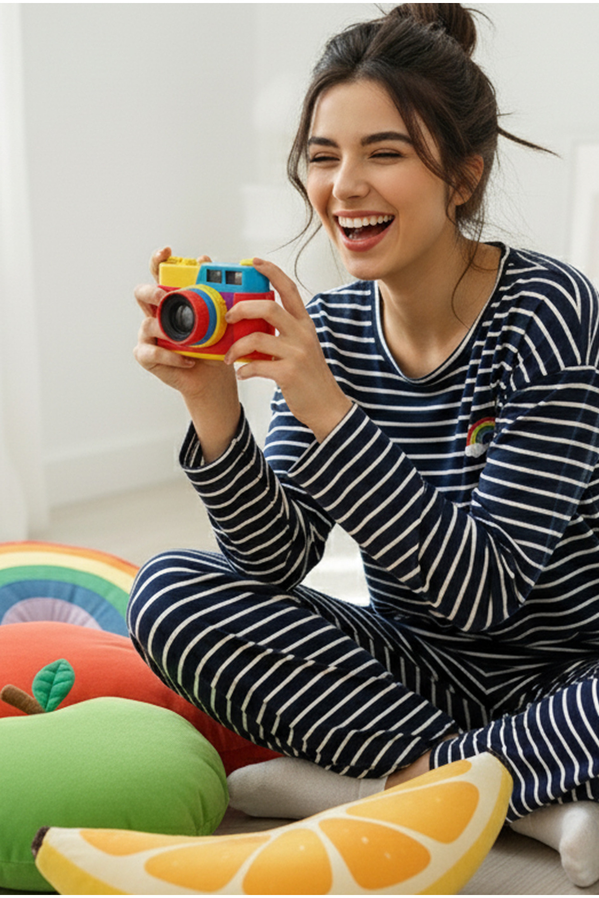 Siyah İnci lacivert beyaz çizgi desenli gökkuşağı baskılı Viskon Örme Pijama Takımı 7613