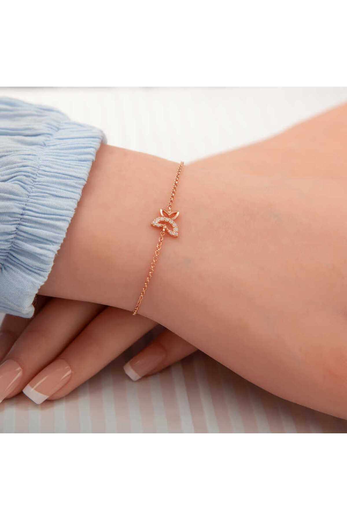 DENİSAM 925 Ayar Gümüş Rose Kelebek Kadın Bileklik