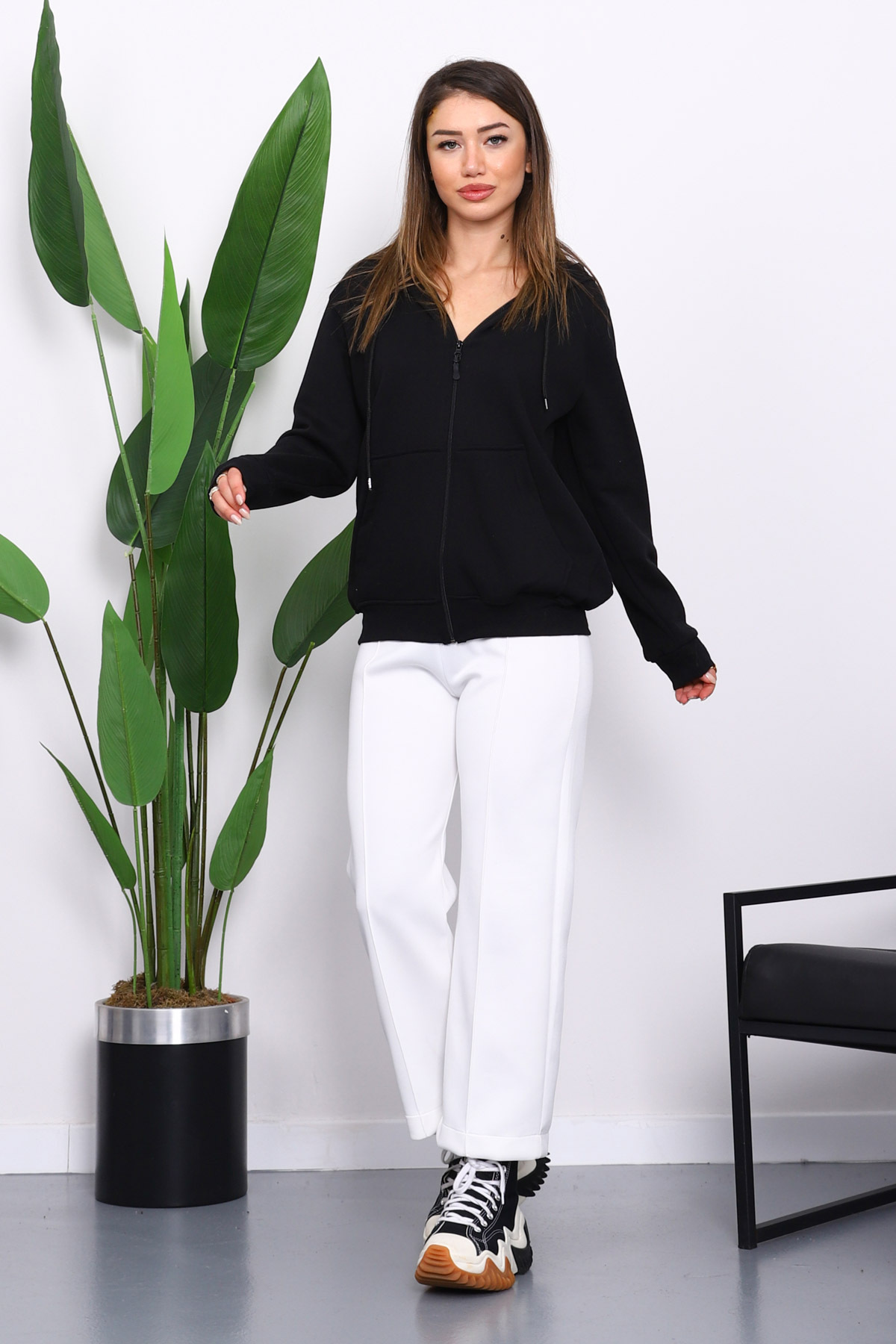 İmajButik  Siyah İçi Şardonlu Üç İplik Oversize Hırka - Görsel 2