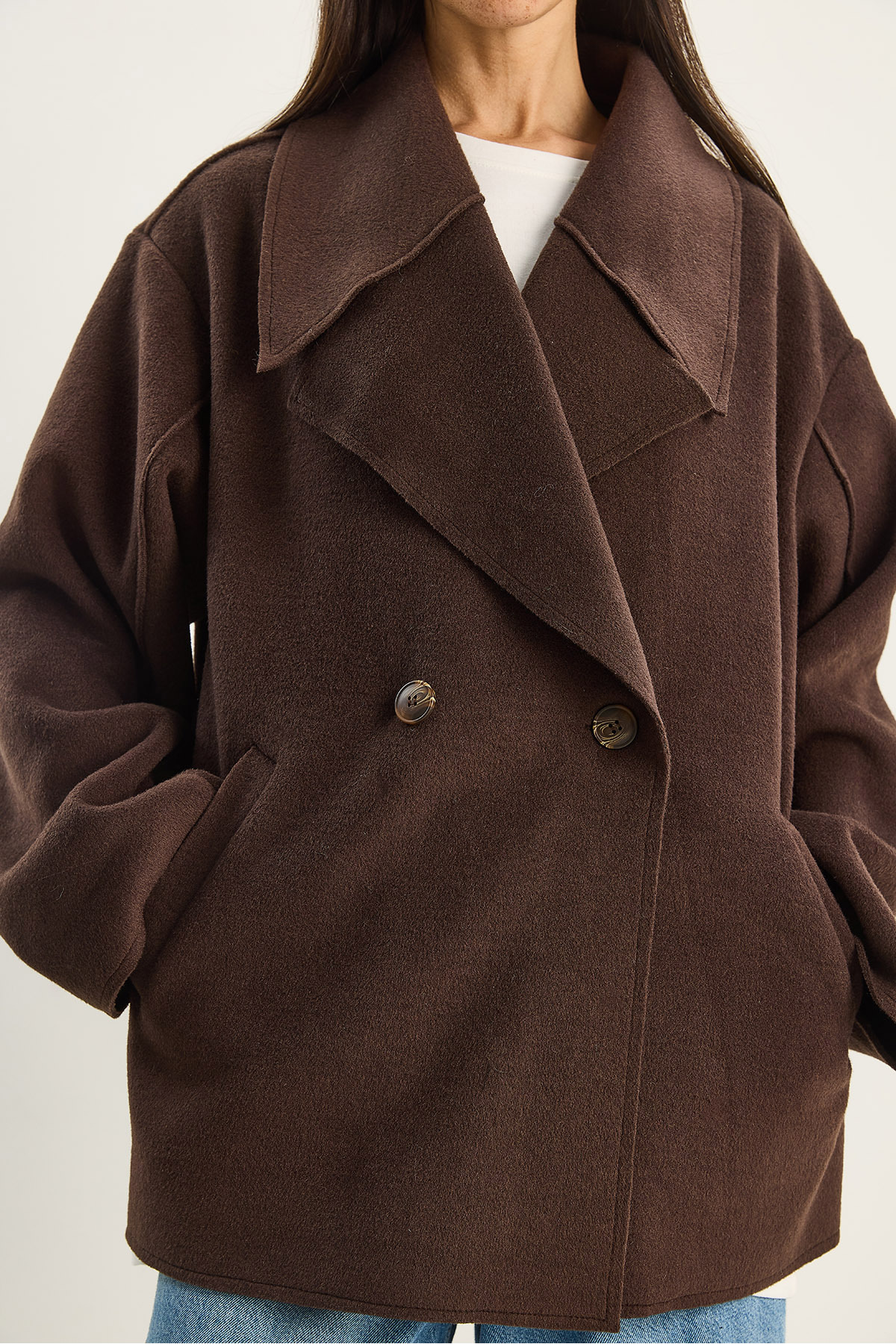 Bianco Lucci  Kadın Geniş Yaka Cep Detaylı Oversize Kaşe Kaban 38183 60283785 - Görsel 5