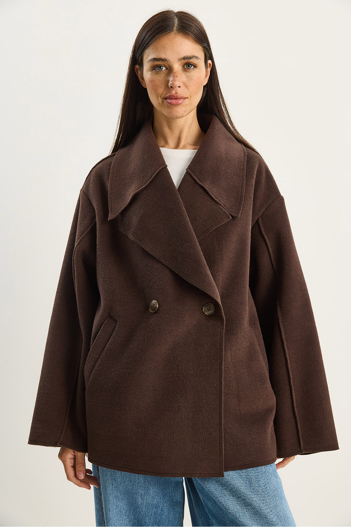 Bianco Lucci  Kadın Geniş Yaka Cep Detaylı Oversize Kaşe Kaban 38183 60283785 - Görsel 4