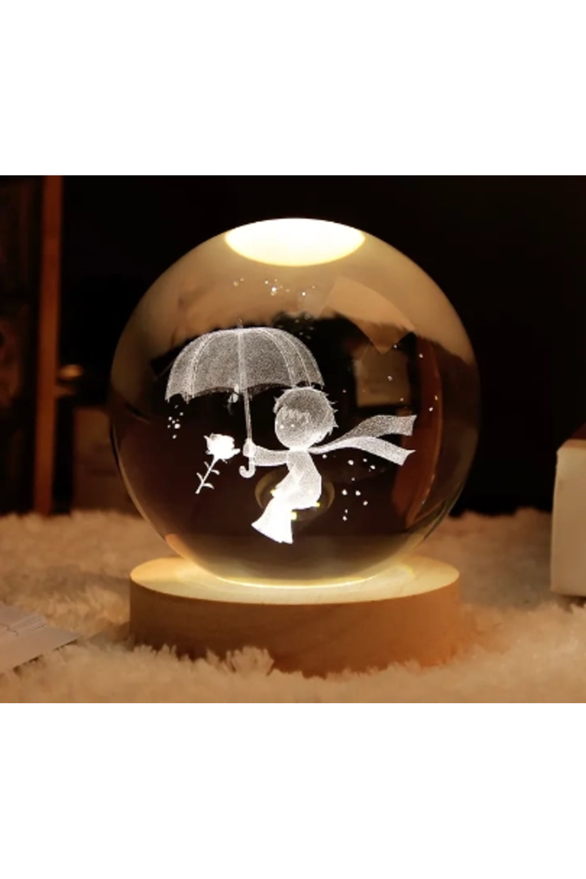 YNT Dekoratif Küçük Prens Tasarımlı Ahşap Altlıklı Işıklı Cam Küre Büyük Boy Cam:8cm Ahşap:2cm