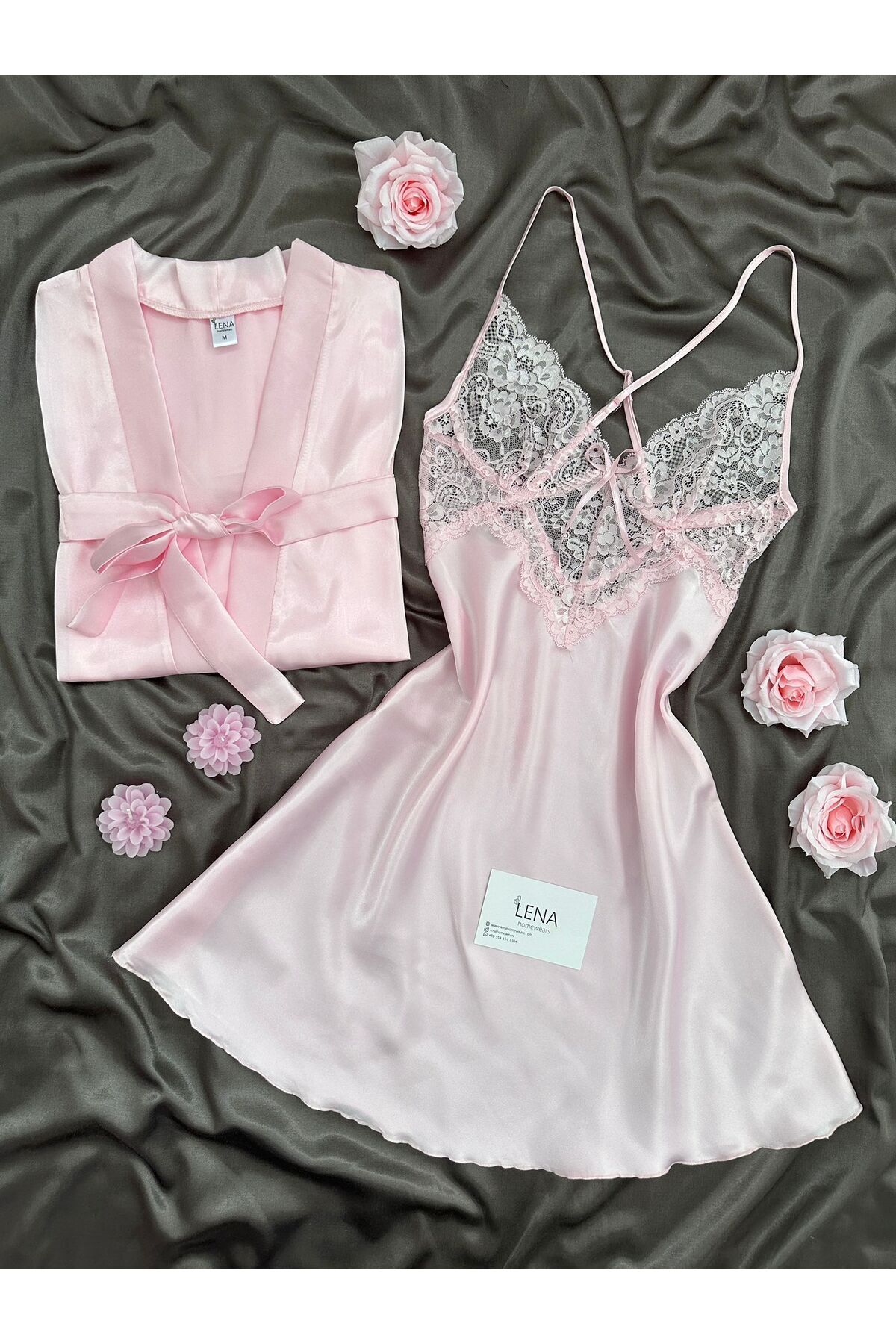Lena Homewears Pembe Basic 2’li Saten Sabahlık & Saten Gecelik Premium Gelin Seti (Kutulu)