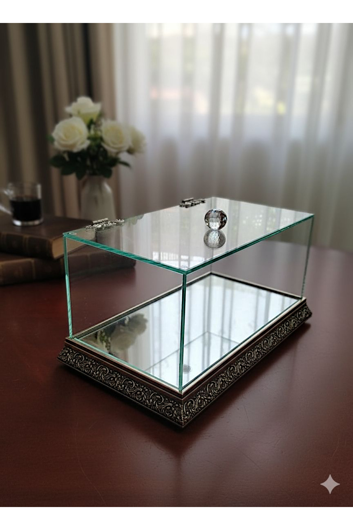 Gümüş İşleme Cam Söz, Nişan, Çeyiz Bohça Kutusu / Ürün Sergileme Fanusu 35X20X20