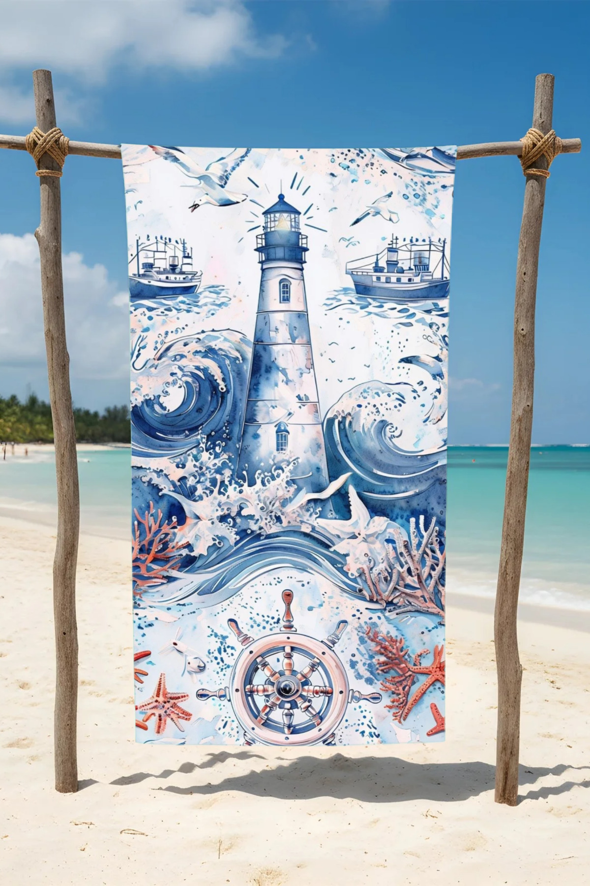 BETHA DENİZ FENERİ DESENLİ DESENLİ Pamuk Plaj Havlusu – Desenli Tasarım – 75x150 cm